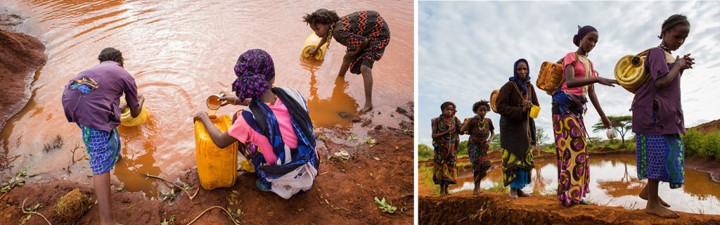 Women in Gayo, Ethiopia collect water from a rain water pool.
