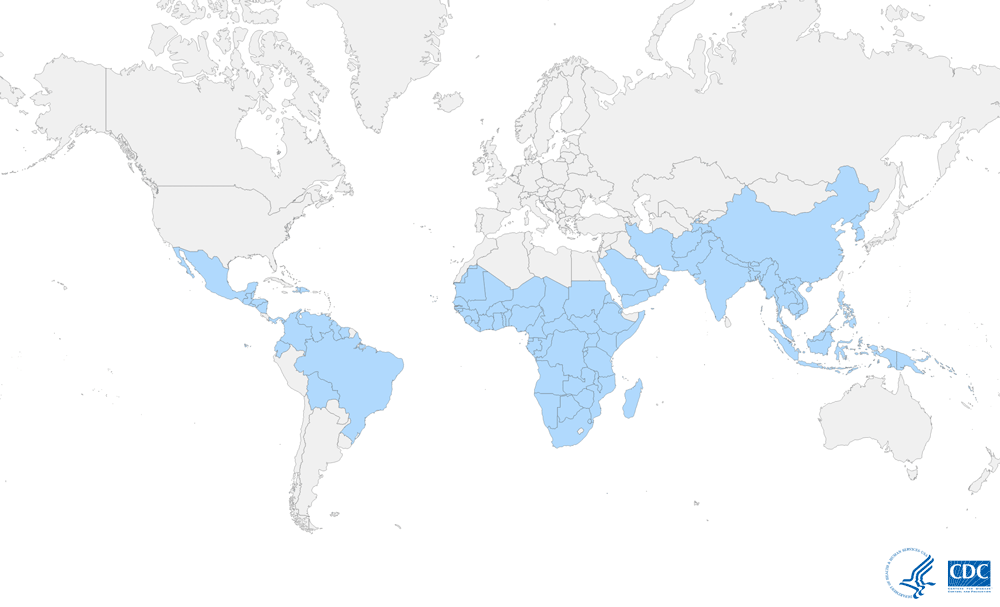 The CDC Malaria Map shows where malaria is prevalent in the world.