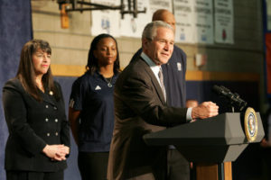 Former President George W. Bush gestures during an address in honor of Malaria Awareness Day