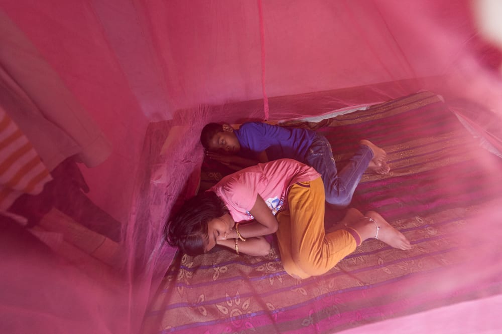 Children sleeping peacefully under the protection of a mosquito net.