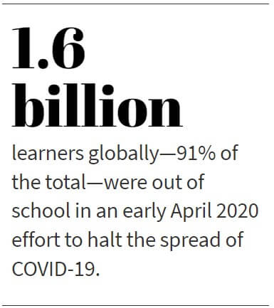 1.6 billion learners globally—91% of the total—were out of school in an early April 2020 effort to halt the spread of COVID-19.